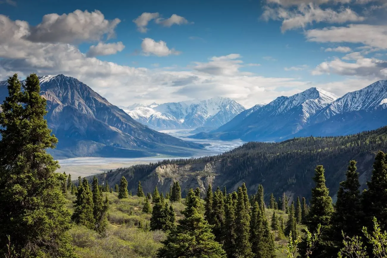 Vallée de montagne boisée avec lac et sommets enneigés