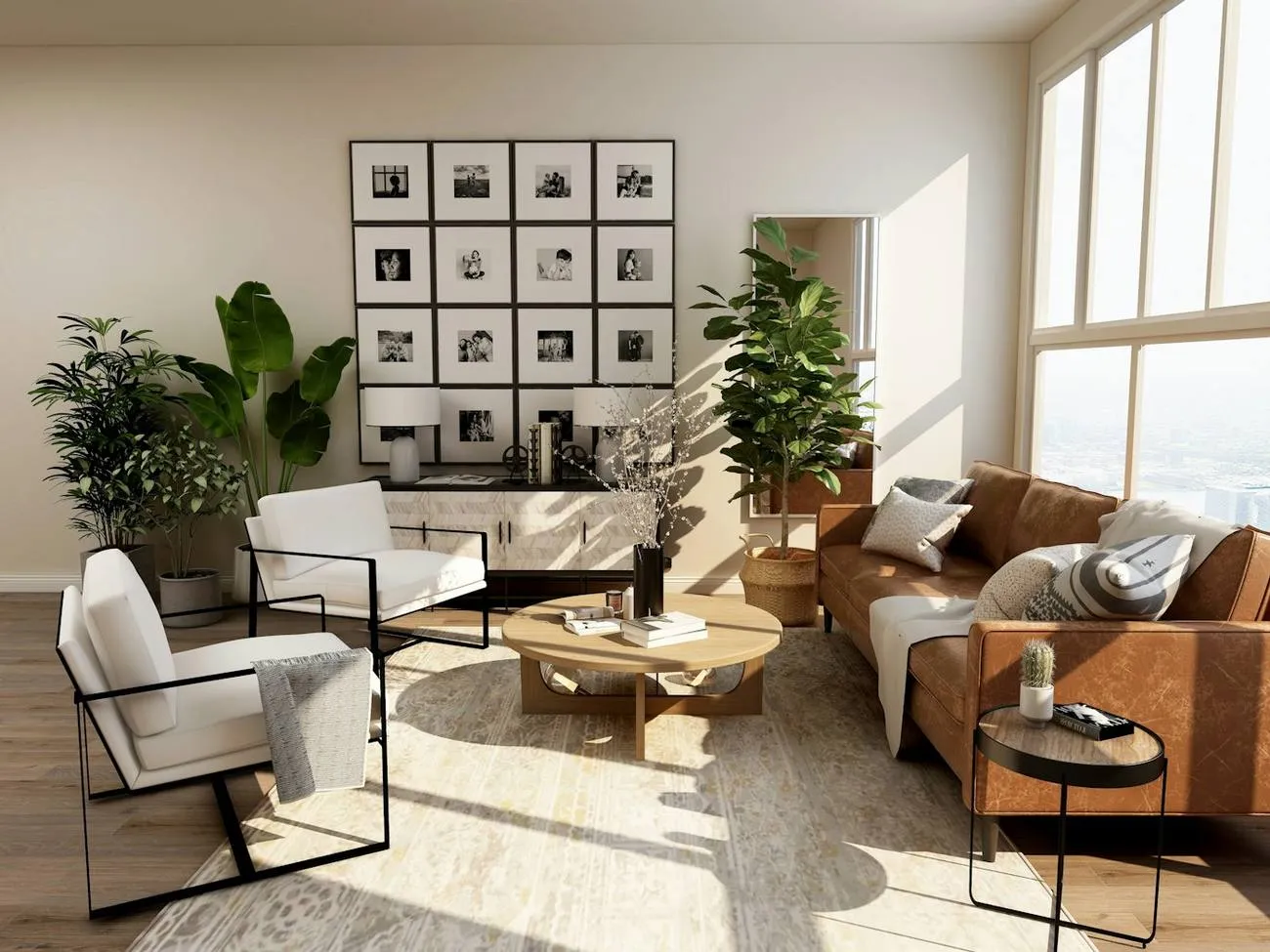 Séjour clair avec mur de cadres, plantes et fauteuils en tissu